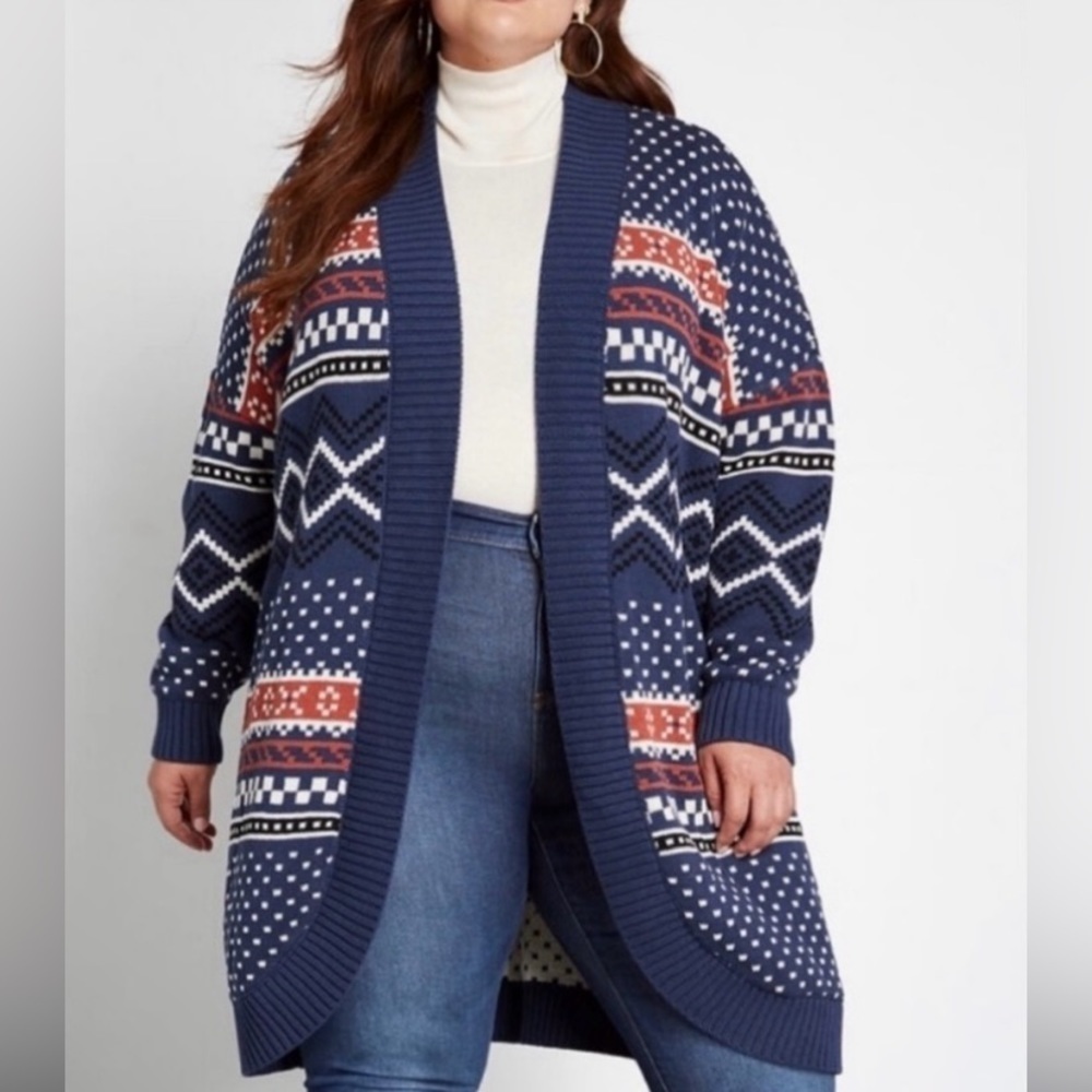 Modcloth Weather or Not Fair Isle Thick Knit Chunky Open Front Cardigan